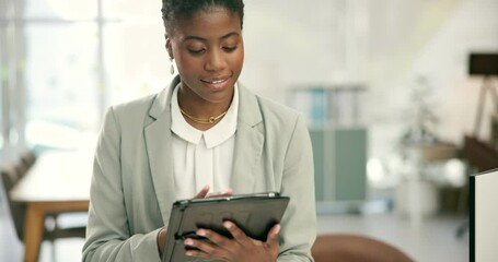 Poster - Happy black woman, tablet and business research, communication or networking at office. African female person or employee working on technology for online search or social media at workplace