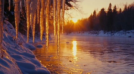 Poster - Icicles hanging over a winter river catch the golden light of a sunset, creating a magical contrast between the cold ice and the warm glow of dusk