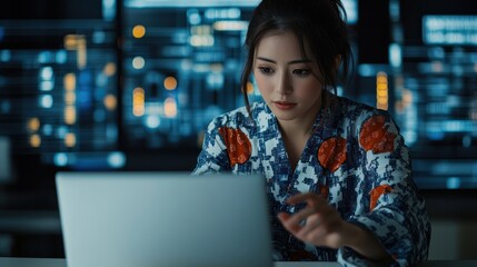 Poster - Young woman in casual attire working on laptop in modern office with digital screens and technology background