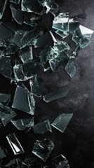 Fototapete - Artistic display of smashed glass pieces scattered over a black wallpaper background The sharp shards create a dynamic texture capturing the essence of broken glass in a visually striking composition