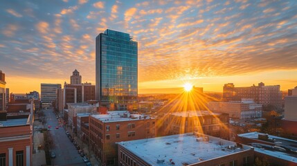 Poster - The sun peeking over a city building, reflecting its light on nearby buildings and creating a tranquil urban morning scene