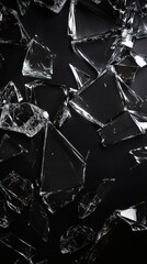 Fototapete - Artistic display of smashed glass pieces scattered over a black wallpaper background The sharp shards create a dynamic texture capturing the essence of broken glass in a visually striking composition
