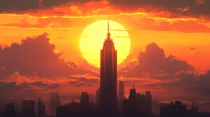 Poster - The sun rising over a tall skyscraper, creating a silhouette against the vibrant orange sky with soft clouds in the distance