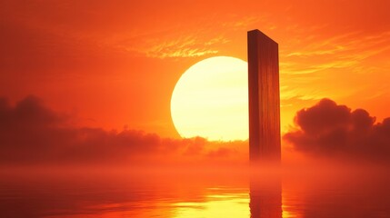 Aufkleber - The sun rising over a tall skyscraper, creating a silhouette against the vibrant orange sky with soft clouds in the distance