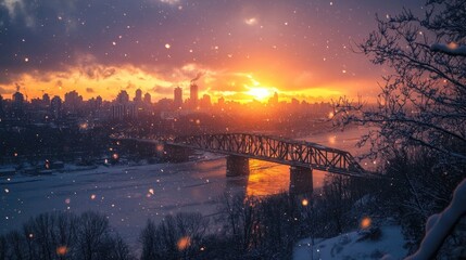 Poster - The warmth of a sunset contrasts with the coolness of snow as it settles over a city bridge and skyline, creating a stunning winter evening view