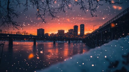 Poster - The warmth of a sunset contrasts with the coolness of snow as it settles over a city bridge and skyline, creating a stunning winter evening view