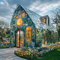 Poster - Artistic plastic bottle house with intricate designs blue and green bottles forming windows and doors surrounded by wildflowers and nature an innovative take on sustainable living