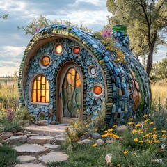 Poster - Artistic plastic bottle house with intricate designs blue and green bottles forming windows and doors surrounded by wildflowers and nature an innovative take on sustainable living