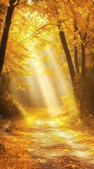 Fototapete - Autumn forest path lined with yellow leaves and bathed in golden sunlight The sunbeams filter through the dense canopy highlighting the vibrant colors and serene atmosphere