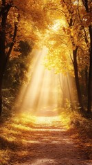Poster - Autumn forest path lined with yellow leaves and bathed in golden sunlight The sunbeams filter through the dense canopy highlighting the vibrant colors and serene atmosphere