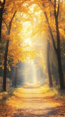 Poster - Autumn forest path lined with yellow leaves and bathed in golden sunlight The sunbeams filter through the dense canopy highlighting the vibrant colors and serene atmosphere