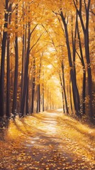 Fototapete - Autumn forest road winding through a canopy of golden yellow leaves Sunlight streams through the branches creating dappled patterns on the leafstrewn path ahead