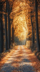 Poster - Autumn forest road winding through a canopy of golden yellow leaves Sunlight streams through the branches creating dappled patterns on the leafstrewn path ahead