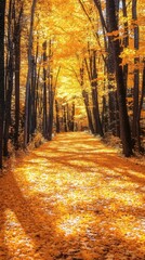 Fototapete - Autumn forest road with bright yellow leaves carpeting the path Sunlight streams through the trees casting long shadows and illuminating the rich colors of the fall foliage