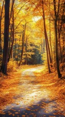 Poster - Autumn forest road with bright yellow leaves carpeting the path Sunlight streams through the trees casting long shadows and illuminating the rich colors of the fall foliage
