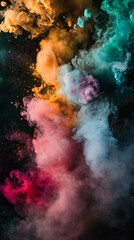 Fototapete - Energetic abstract composition with ten different colored dust smoke particles forming dynamic patterns The colors shift and swirl creating a sense of motion and depth against a dark backdrop
