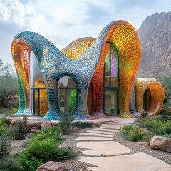 Poster - Ecofriendly house built entirely from various sizes of plastic bottles with clear bottles forming intricate glasslike windows and colored bottles creating a vibrant faade in a desert landscape