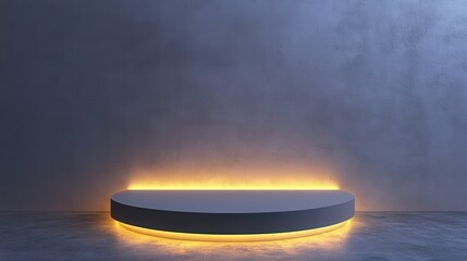 Fototapete - Illuminated platform stage for product display against a textured wall backdrop showcasing contemporary design
