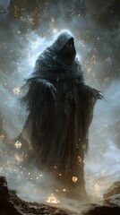 Poster - Enigmatic sorcerer draped in dark tattered robes and a mysterious mask stands in a cavern Their aura is surrounded by swirling mist and flickering hidden symbols of power