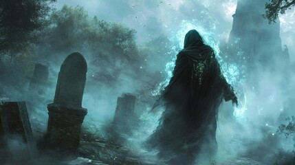 Fototapete - Enigmatic sorcerer in dark robes and a mysterious mask appears in a fogfilled graveyard Their aura shimmers with ancient glyphs and spectral light hinting at dark rituals