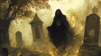 Poster - Enigmatic sorcerer in dark robes and a mysterious mask appears in a fogfilled graveyard Their aura shimmers with ancient glyphs and spectral light hinting at dark rituals