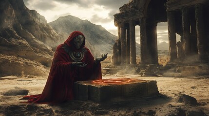 Poster - Enigmatic sorcerer wearing a mask and dark robes performs an ancient ritual on a deserted altar Their aura pulses with ancient power and cryptic symbols enveloping the scene in mystique