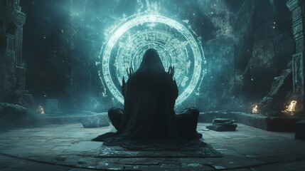Poster - Enigmatic sorcerer wearing a mask and dark robes performs an ancient ritual on a deserted altar Their aura pulses with ancient power and cryptic symbols enveloping the scene in mystique