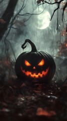 Poster - Evil pumpkin with glowing red eyes and a wicked smile sits in the middle of a spooky forest Halloween wallpaper Shadows dance behind it as the moon casts an eerie light over the scene