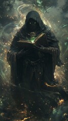 Poster - Enigmatic sorcerer wearing a shadowy mask and dark robes holds an ancient tome Their surroundings are shrouded in a swirling aura of magical energy and hidden knowledge