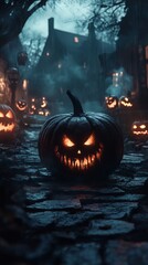 Poster - Evil pumpkin with sharp glowing eyes sits at the center of a spooky Halloween wallpaper Dark shadows creep across the background with glowing jackolanterns lining a haunted pathway