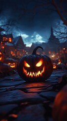 Fototapete - Evil pumpkin with sharp glowing eyes sits at the center of a spooky Halloween wallpaper Dark shadows creep across the background with glowing jackolanterns lining a haunted pathway