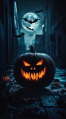 Poster - Evil pumpkin with sharp teeth glows menacingly in a dark alleyway Halloween wallpaper Bats fly across the full moon while the pumpkins twisted grin lights up the shadows around it