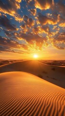 Poster - Expansive desert landscape at sunset with golden sand and a sky filled with colorful clouds The setting sun casts a warm glow over the dunes creating a serene and stunning scene