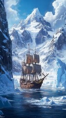 Poster - Illustration landscape with a pirate ship navigating icy waters in the Arctic The ships wooden hull creaks as it passes towering glaciers and snowcovered mountains in the background