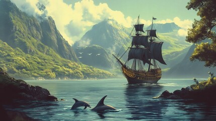 Poster - Illustration landscape with a pirate ship sailing through a tranquil bay with lush green hills in the background The ships black sails flutter in the wind as dolphins leap alongside