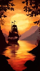 Poster - Illustration landscape with a pirate ship silhouetted against a golden sunset The ship sails toward a mysterious island with calm waters reflecting the vibrant sky and distant mountains