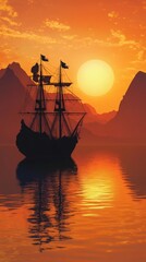 Poster - Illustration landscape with a pirate ship silhouetted against a golden sunset The ship sails toward a mysterious island with calm waters reflecting the vibrant sky and distant mountains