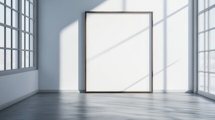 Fototapete - Bright minimalist interior with blank frame and window casting geometric shadows across the wall and floor