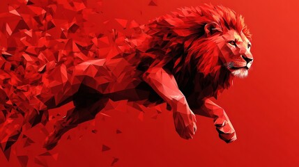 Poster - Intense large male lion leaping through the air rendered in red polygon shape art The angular facets of its mane and limbs create a dynamic sense of motion as it lunges forward