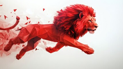 Poster - intense large male lion leaping through the air rendered in red polygon shape art the angular facets