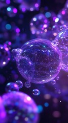 Fototapete - Intricate abstract 3D background of floating spheres connected by glowing lines in a vast digital space Deep purples and bright blues dominate the scene creating a unique wallpaper full of depth