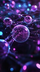 Poster - Intricate abstract 3D background of floating spheres connected by glowing lines in a vast digital space Deep purples and bright blues dominate the scene creating a unique wallpaper full of depth