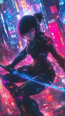 Poster - Animestyle cyborg ninja girl sleek black armor wielding dual energy swords standing against a vibrant neon city skyline intense gaze piercing through