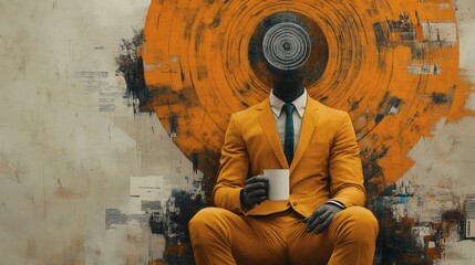 Poster - Artistic collage of man dressed in a sleek yellow suit holding a coffee mug His face is replaced by a spiral with a dynamic background of abstract shapes lines and text elements