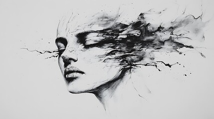 Aufkleber - Monochrome charcoal drawing of a woman's face abstractly rendered with flowing lines and dark shades For creating a sense of movement and mystery Concept.
