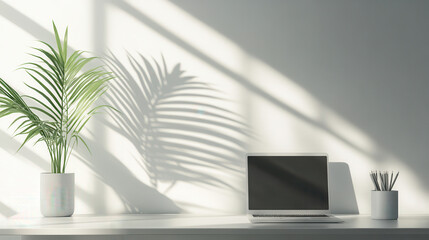 Wall Mural - Modern white desk with laptop and potted plant on the left side, sunlight shadows from the window