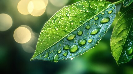 Poster - Closeup of vibrant green leaf with large sparkling water droplets shimmering in the morning sunlight each droplet reflecting intricate patterns of light in a bokeh effect