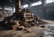 © Sathaporn Buarabut - Old factory equipment and tools stacked in a pile on a dirty floor, industrial, weathered