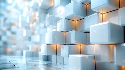 Poster - Floating white cubes illuminated with subtle glowing accents create a futuristic digital landscape