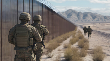 U.S. soldiers patrolling the border wall in a desert landscape with mountains in the background